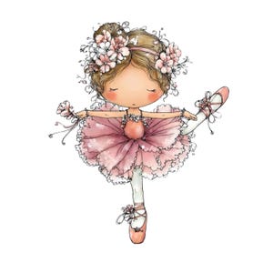 May include: A watercolor illustration of a ballerina in a pink tutu, pointe shoes, and a floral crown. The ballerina is in a graceful pose, with one leg extended and arms outstretched. The image has a soft, whimsical feel, perfect for children's decor.
