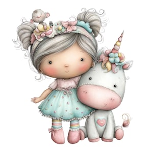 Puede incluir: Ilustraci&oacute;n en acuarela de una ni&ntilde;a y un unicornio. La ni&ntilde;a tiene el pelo gris, un vestido rosa y una falda azul. El unicornio es blanco con una cara rosa y un coraz&oacute;n en el pecho. Un peque&ntilde;o peluche est&aacute; en la cabeza de la ni&ntilde;a.