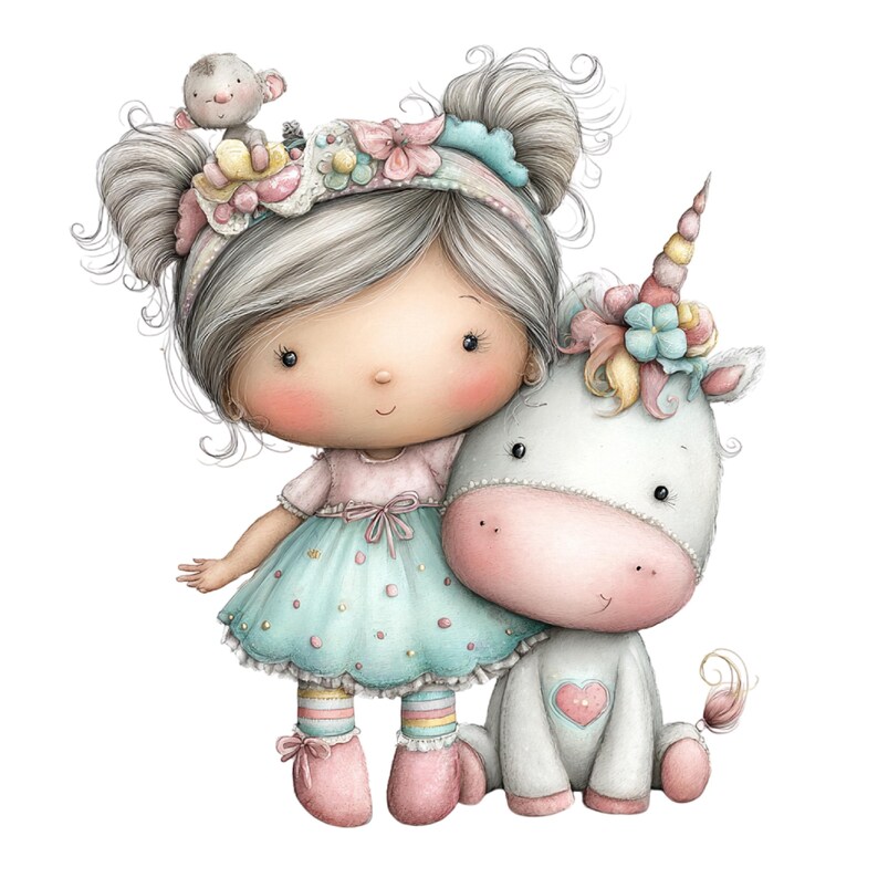 Puede incluir: Ilustraci&oacute;n en acuarela de una ni&ntilde;a y un unicornio. La ni&ntilde;a tiene el pelo gris, un vestido rosa y una falda azul. El unicornio es blanco con una cara rosa y un coraz&oacute;n en el pecho. Un peque&ntilde;o peluche est&aacute; en la cabeza de la ni&ntilde;a.