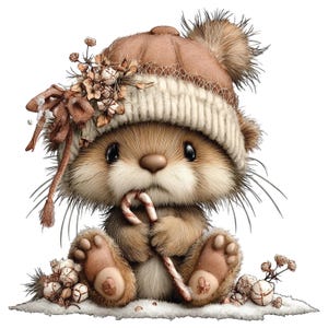 Op de afbeelding: Een schattige cartoon otter met een bruine gebreide muts met een pluizige pompon en een zuurstok. De otter zit op een besneeuwd oppervlak met decoratieve accenten.