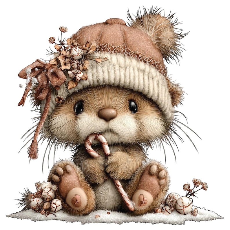 Op de afbeelding: Een schattige cartoon otter met een bruine gebreide muts met een pluizige pompon en een zuurstok. De otter zit op een besneeuwd oppervlak met decoratieve accenten.