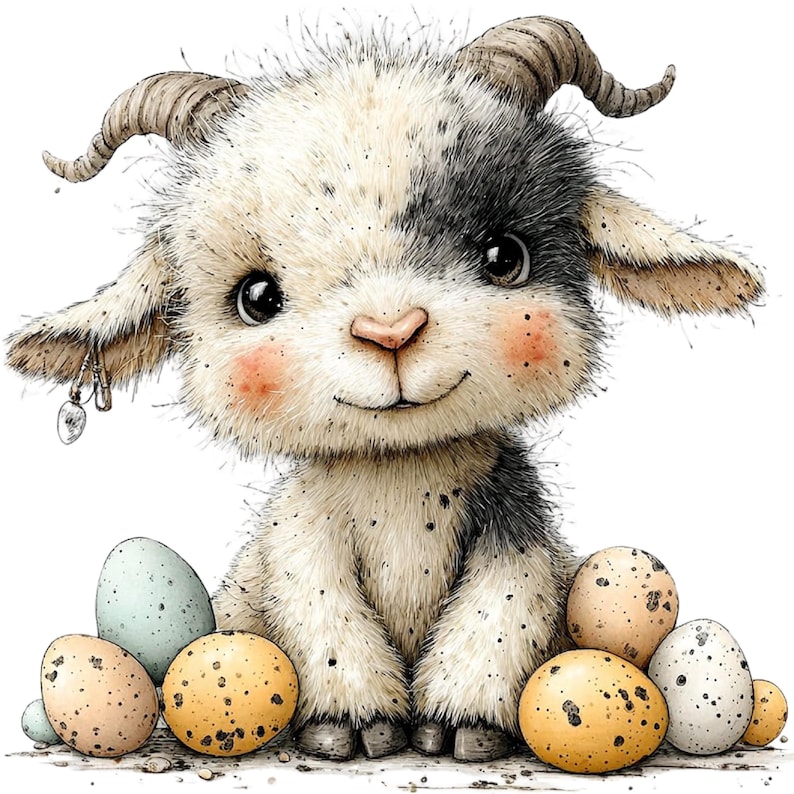 May include: A watercolor illustration of a cute baby goat with a black and white coat, rosy cheeks, and small horns. The goat is surrounded by speckled Easter eggs in various colors, including yellow, blue, and white. The goat is smiling.