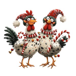May include: Two whimsical chickens are depicted in a festive illustration. They wear red and white Christmas hats and scarves, adorned with ornaments. Each chicken holds a candy cane, creating a cheerful holiday scene. The chickens have white bodies with black spots.