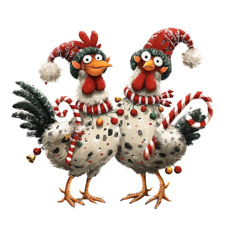 May include: Two whimsical chickens are depicted in a festive illustration. They wear red and white Christmas hats and scarves, adorned with ornaments. Each chicken holds a candy cane, creating a cheerful holiday scene. The chickens have white bodies with black spots.
