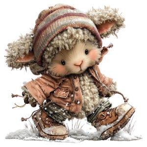 Op de afbeelding: Een grillige illustratie van een schaapachtig personage in winterkleding. Het schaap draagt een gestreepte gebreide muts, een bruine jas en bijpassende laarzen, allemaal bedekt met sneeuw. Het personage heeft een pluizige, lichtgekleurde vacht en roze wangen, tegen een witte achtergrond.