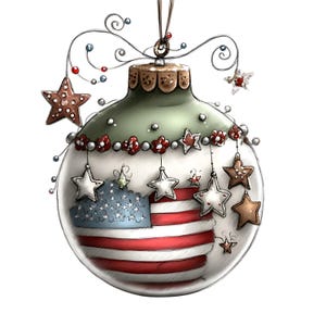 May include: A hand-drawn Christmas ornament with an American flag design. The glass ball has a green top and is adorned with hanging stars and decorative accents in red, white, and brown. The ornament is suspended by a delicate wire.