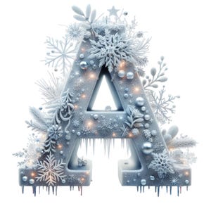 May include: A decorative letter "A" with a winter theme. The letter is adorned with snowflakes, icy details, and festive embellishments. Silver baubles and twinkling lights enhance the holiday design. The colour scheme is predominantly silver and white.