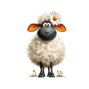 May include: A cartoon illustration of a smiling sheep with a daisy flower crown. The sheep has a fluffy white body, a black face, and orange ears. Small orange flowers and green grass are at the sheep's feet against a white background.