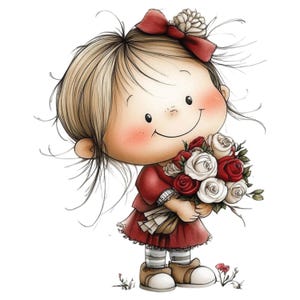 Puede incluir: Ilustración de dibujos animados de un niño sonriente sosteniendo un ramo de rosas rojas y blancas. El niño lleva un vestido rojo, zapatos marrones y un lazo rojo en el pelo. El fondo es blanco.
