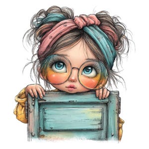 K&ouml;nnte beinhalten: Digitale Illustration eines jungen M&auml;dchens mit gro&szlig;en blauen Augen, das eine runde Brille und ein rosa-blaues Stirnband tr&auml;gt. Sie h&auml;lt eine hellblaue T&uuml;r mit einem Used-Look.