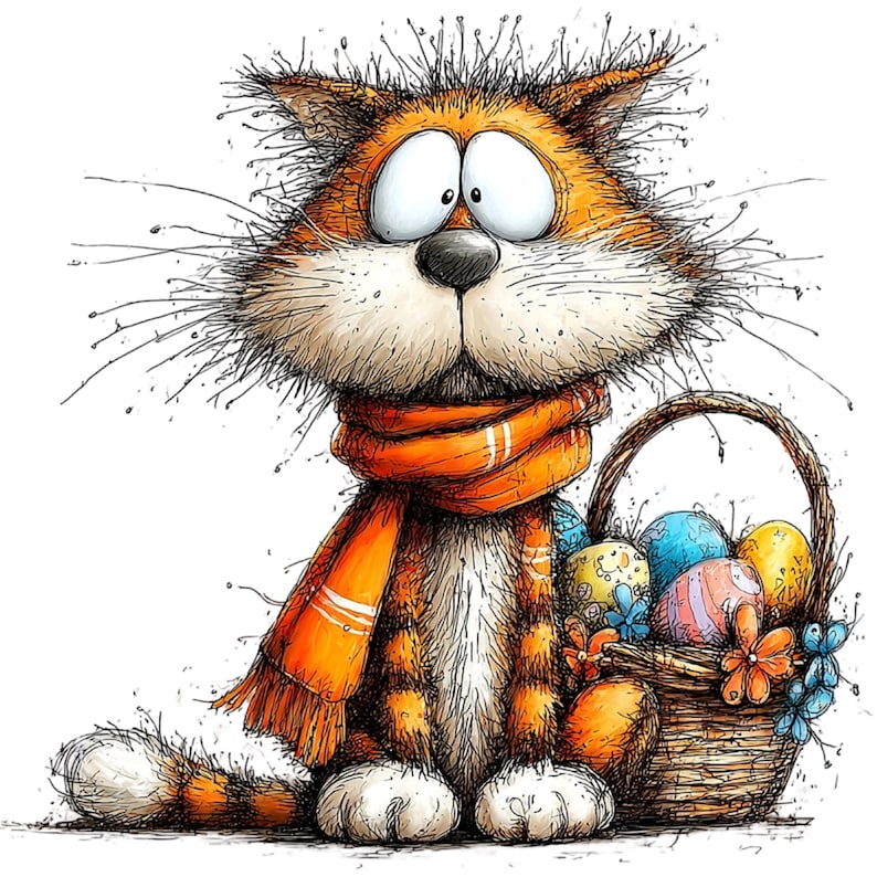 May include: A cartoon illustration of an orange cat wearing an orange scarf, sitting next to a basket filled with decorated Easter eggs. The cat has large, expressive eyes and a surprised expression.