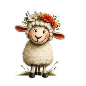 May include: A cheerful cartoon sheep with a fluffy, cream-colored body and a smiling face. The sheep wears a floral crown of daisies and orange flowers. Its ears are pink, and it stands on green grass with small blades.