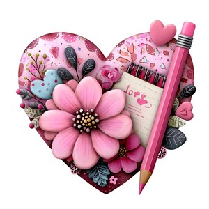 May include: A digitally created image featuring a pink heart filled with flowers, leaves, and a notepad. A pink pencil rests against the notepad, which has the word "Love" written on it. The image has a romantic theme.