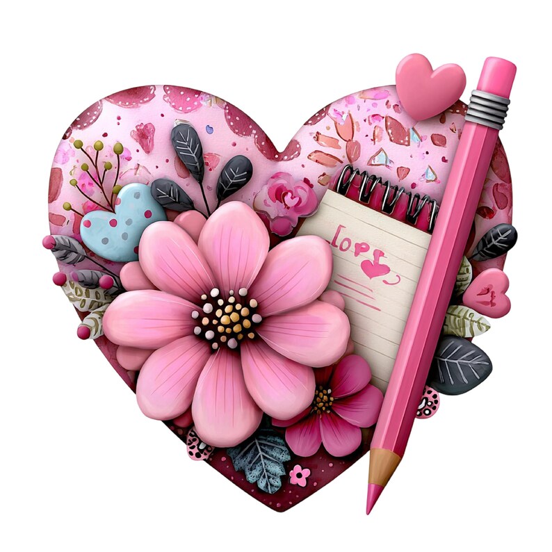 May include: A digitally created image featuring a pink heart filled with flowers, leaves, and a notepad. A pink pencil rests against the notepad, which has the word "Love" written on it. The image has a romantic theme.