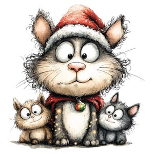 K&ouml;nnte beinhalten: Eine Illustration von drei Katzen im Cartoon-Stil. Die mittlere Katze tr&auml;gt einen Weihnachtsmannhut und einen roten Umhang mit einem Ornament. Zwei weitere K&auml;tzchen sind zu sehen. Wei&szlig;er Hintergrund.