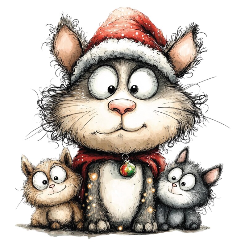 K&ouml;nnte beinhalten: Eine Illustration von drei Katzen im Cartoon-Stil. Die mittlere Katze tr&auml;gt einen Weihnachtsmannhut und einen roten Umhang mit einem Ornament. Zwei weitere K&auml;tzchen sind zu sehen. Wei&szlig;er Hintergrund.