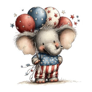 Puede incluir: Ilustraci&oacute;n de un elefante beb&eacute; sosteniendo globos. El elefante viste una camisa azul con estrellas blancas y pantalones a rayas rojas y blancas. Los globos son rojos, blancos y azules con patrones de estrellas, evocando un tema patri&oacute;tico.