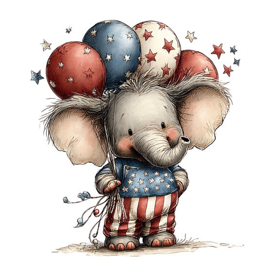 Whimsical Patriotic Animals Clipart: USA Animal PNG Graphics, 4th of July Cartoon Bundle (Digital Download - 48 PNGs)