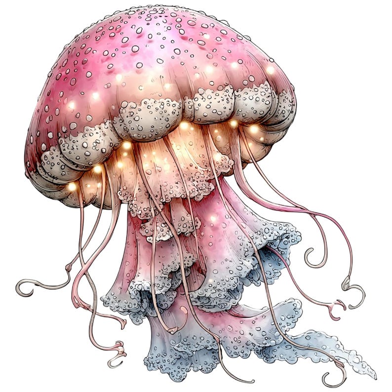 May include: A digital illustration of a jellyfish. The jellyfish is primarily pink with white and light brown accents. It has long, flowing tentacles and a frilly edge. The image has a soft, glowing effect.