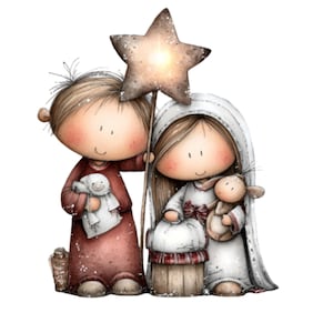 May include: A whimsical illustration of two figures, one holding a large star, the other holding a lamb. The figures are dressed in burgundy and white robes. The star has a glowing center, and the overall style is soft and inviting.