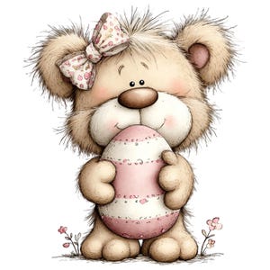 May include: A charming cartoon bear holding a decorated Easter egg. The bear has a pink bow and a light brown fur. The egg is white with pink stripes and dots. The image has a whimsical style, suitable for Easter celebrations.