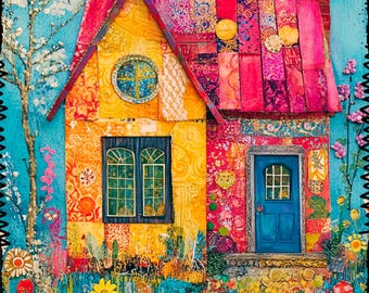 Whimsical Houses Colorful Background JPG, Journal Papers,Printable Junk Journal, Digital Download, Watercolor Clipart,Digital Planner