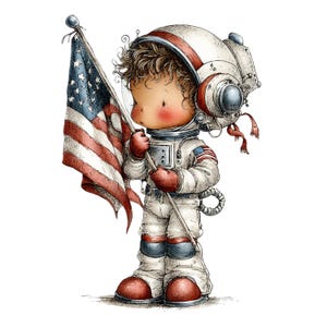 May include: A whimsical illustration of a child astronaut wearing a white space suit with red and blue accents, holding a large American flag. The astronaut has curly brown hair, rosy cheeks, and a detailed helmet with metallic blue side panels.