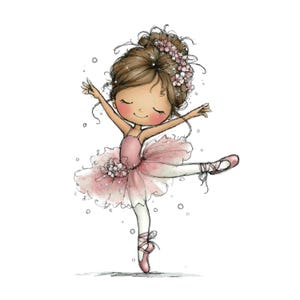 May include: A charming illustration of a ballerina in a pink tutu and ballet shoes. The ballerina has brown hair styled in a bun adorned with pink flowers. She is in a graceful pose with arms outstretched and one leg extended.