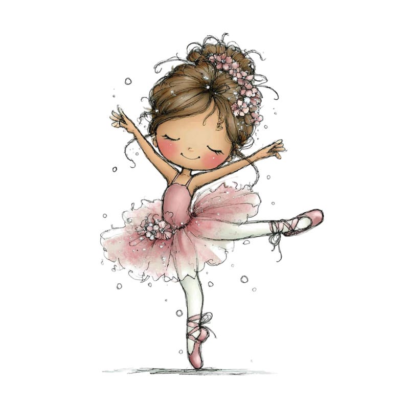 May include: A charming illustration of a ballerina in a pink tutu and ballet shoes. The ballerina has brown hair styled in a bun adorned with pink flowers. She is in a graceful pose with arms outstretched and one leg extended.