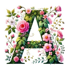 Puede incluir: Una letra "A" floral. La letra está formada con follaje verde oscuro y adornada con rosas rosas, capullos y pequeñas flores. El fondo blanco resalta el colorido arreglo floral.