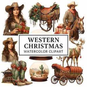 23 Western Christmas Watercolor Clipart,Christmas Clipart, Instant Digital Use,Digital Clipart, Commercial use,High Resolution Images
