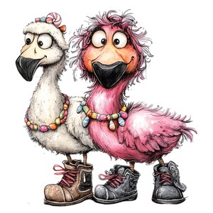 K&ouml;nnte beinhalten: Eine skurrile Illustration von zwei Cartoon-Flamingos. Einer ist wei&szlig; mit einem Zuckerstangen-Hut, der andere ist rosa. Beide tragen bunte Perlenketten und braune und schwarze Stiefel. Das Bild hat einen handgezeichneten Stil mit Aquarelleffekten.