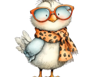 May include: A whimsical illustration of a bird wearing orange-framed glasses and an orange scarf with black spots. The bird has white and blue feathers and stands on two orange feet. The image is a cartoon style.