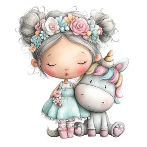 Puede incluir: Ilustraci&oacute;n en acuarela de una ni&ntilde;a con cabello gris que lleva una corona floral y un vestido azul claro, abrazando a un unicornio. El unicornio tiene una melena arco&iacute;ris y un cuerno dorado. La ni&ntilde;a tiene los ojos cerrados y mejillas rosadas.