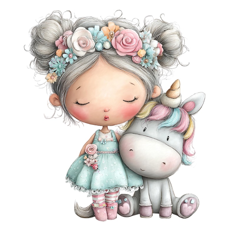 Puede incluir: Ilustraci&oacute;n en acuarela de una ni&ntilde;a con cabello gris que lleva una corona floral y un vestido azul claro, abrazando a un unicornio. El unicornio tiene una melena arco&iacute;ris y un cuerno dorado. La ni&ntilde;a tiene los ojos cerrados y mejillas rosadas.