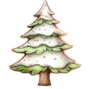 May include: A whimsical illustration of a Christmas tree cookie. The cookie has a brown outline, white icing with red sprinkles, and green frosting accents. The tree trunk is a textured brown.