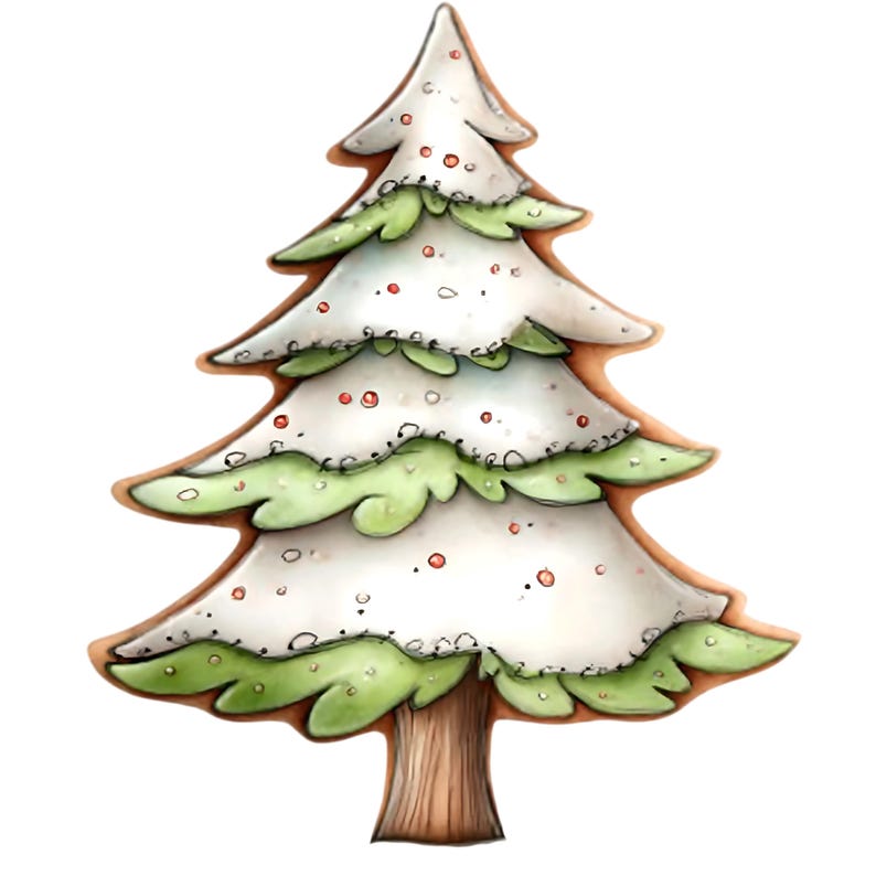 May include: A whimsical illustration of a Christmas tree cookie. The cookie has a brown outline, white icing with red sprinkles, and green frosting accents. The tree trunk is a textured brown.