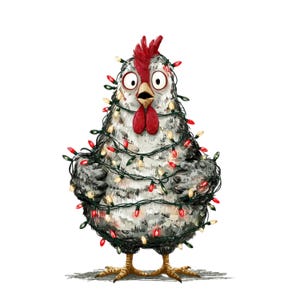 May include: A whimsical illustration of a chicken wrapped in Christmas lights. The chicken has gray and white feathers, a red comb and wattle, and wide, surprised eyes. The lights are red and yellow, creating a festive holiday theme.
