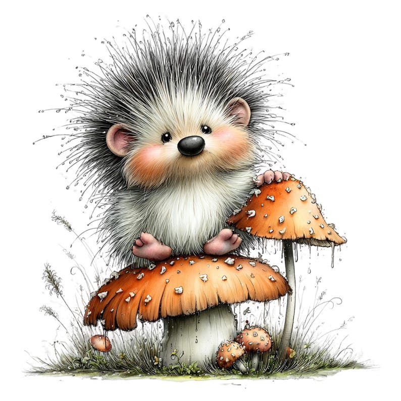 May include: A fluffy hedgehog with black and white quills and pink cheeks sits atop a large orange mushroom with white spots. Smaller mushrooms grow at the base, and thin blades of grass surround the fungi, all set against a plain white background.