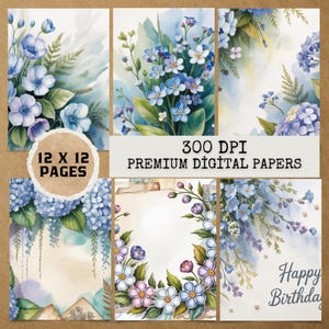 16 JPG Watercolor Blue Floral Junk Journal,Junk Journal Papers,Printable Junk Journal,Vintage Journal Pages,Commercial Use Clipart