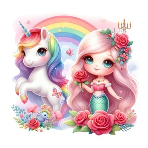 Unicorn Mermaid Clipart Bundle: Watercolor PNG Graphics Commercial Use ...
