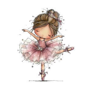 May include: Illustration of a young ballerina in a pink tutu and pointe shoes, arms outstretched. Her hair is styled in a bun with a floral crown. The artwork has a soft, whimsical style with delicate details and a light color palette.
