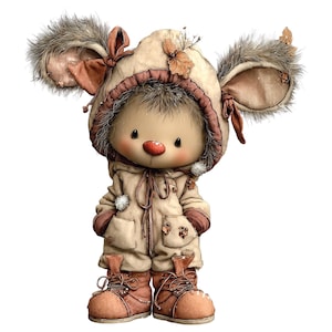 Op de afbeelding: Een grillige illustratie van een poppetje in winterkleding. De figuur draagt een beige jas met capuchon en bruine details, bijpassende laarzen en grote, harige oren. De pop heeft een rode neus en roze wangen, wat een schattige, cartoonachtige uitstraling cre&euml;ert.