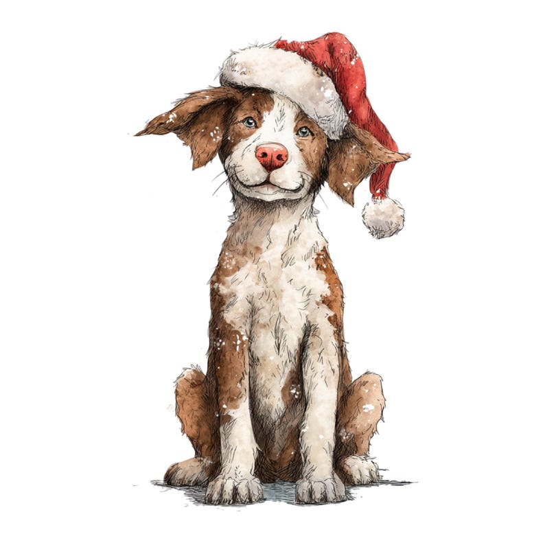 Pu&ograve; includere: Illustrazione ad acquerello di un cane sorridente con un cappello di Babbo Natale rosso e bianco. Il cane ha pelo marrone e bianco, un naso rosa e occhi blu. L'immagine ha un tema festivo e natalizio.