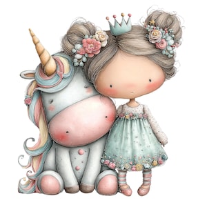 Puede incluir: Ilustraci&oacute;n caprichosa de una ni&ntilde;a y un unicornio. La ni&ntilde;a lleva un vestido azul claro y una corona. El unicornio tiene un cuerno dorado y una melena arco&iacute;ris. Ambas figuras tienen mejillas rosadas y detalles florales.
