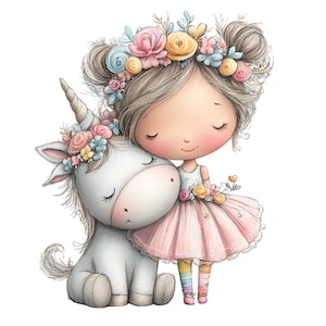 Puede incluir: Ilustraci&oacute;n caprichosa de una ni&ntilde;a y un unicornio. La ni&ntilde;a lleva un vestido rosa y una corona de flores. El unicornio es blanco con una corona de flores. La imagen tiene una paleta de colores suaves y pastel, creando un ambiente de ensue&ntilde;o.