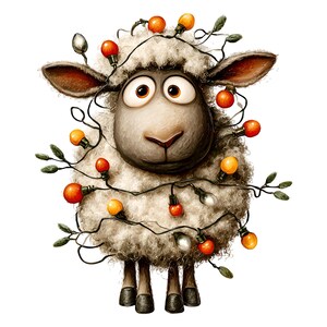 Op de afbeelding: Een grillige illustratie van een schaap versierd met een slinger van kerstverlichting. Het schaap heeft een pluizige, witte wollen vacht, een grijs gezicht en grote, expressieve ogen. De lichten zijn rood, oranje en wit, wat een feestelijke sfeer cre&euml;ert.