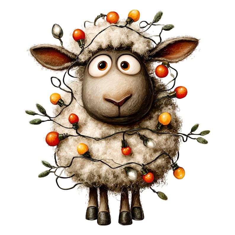 Op de afbeelding: Een grillige illustratie van een schaap versierd met een slinger van kerstverlichting. Het schaap heeft een pluizige, witte wollen vacht, een grijs gezicht en grote, expressieve ogen. De lichten zijn rood, oranje en wit, wat een feestelijke sfeer cre&euml;ert.
