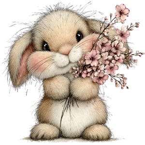 May include: A cute, cartoon-style bunny with soft brown and beige fur, holding a bouquet of pink cherry blossoms. The bunny has large, expressive black eyes and rosy cheeks, creating a sweet and gentle appearance. The image is a digital illustration.