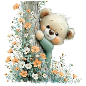 May include: A whimsical illustration of a teddy bear peeking from behind a tree trunk. The bear has a light beige fur, rosy cheeks, and is wearing a teal-colored shirt. The tree is surrounded by orange and white flowers and green foliage.